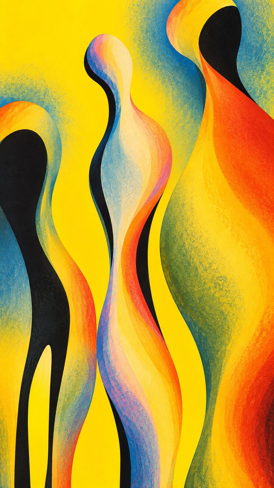 Arte da edição 01 da FLUIR: figuras fluidas em amarelo, azul e vermelho